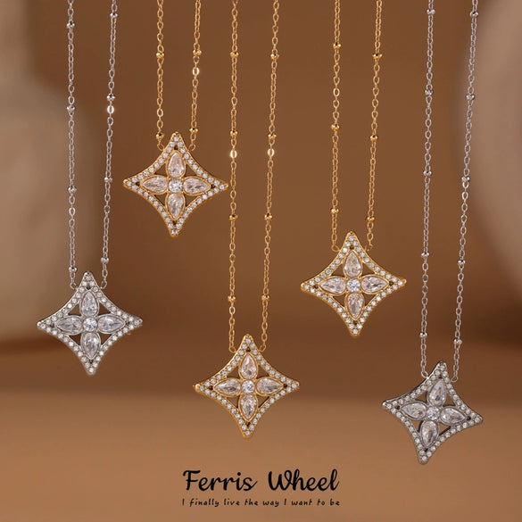 Wholesale Ferris Wheel Zircon Rhombus Flower Stainless Steel Electroplated Jewelry Set For Women