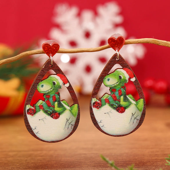 Wholesale Festival Elements Geometric Wood Earrings For Women With Christmas Series Cartoon Designs Like Santa Claus Elk Snowman Dinosaur And Penguin