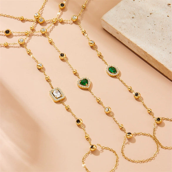 Wholesale Finger Bracelet Stainless Steel Geometric Heart Shape Inlaid Green Diamond Electroplated For Women