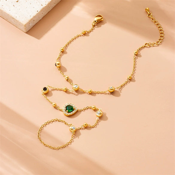 Wholesale Finger Bracelet Stainless Steel Geometric Heart Shape Inlaid Green Diamond Electroplated For Women