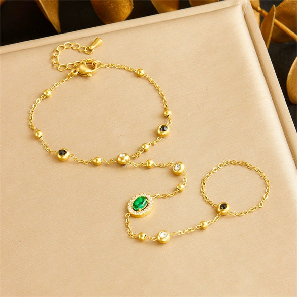 Wholesale Finger Bracelet Stainless Steel Geometric Heart Shape Inlaid Green Diamond Electroplated For Women