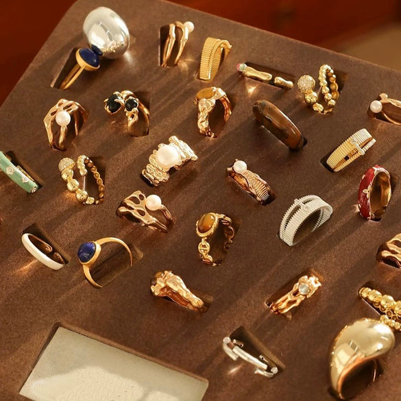 Wholesale Finger Ring Artificial Tiger's Eye Copper Geometric French Retro Electroplating Women's Jewelry