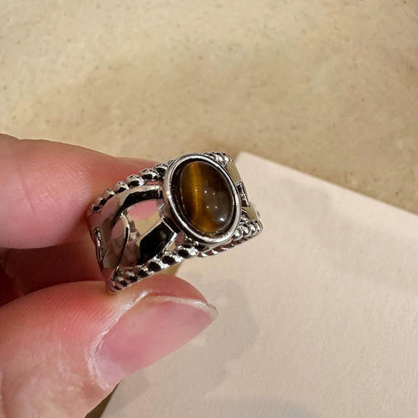 Wholesale Finger Ring Artificial Tiger's Eye Copper Geometric French Retro Electroplating Women's Jewelry
