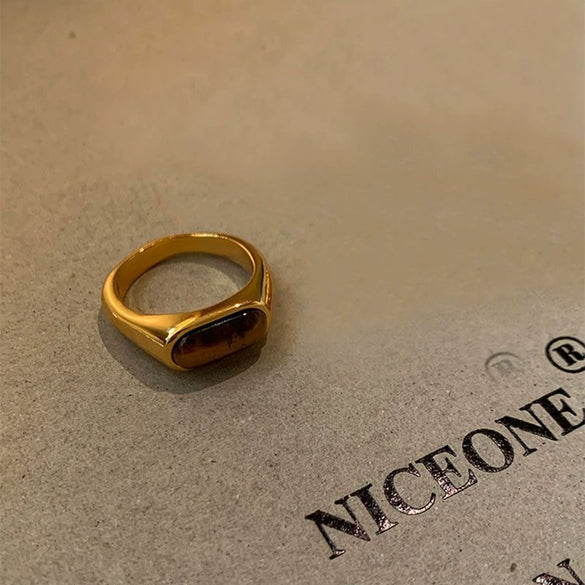 Wholesale Finger Ring Artificial Tiger's Eye Copper Geometric French Retro Electroplating Women's Jewelry