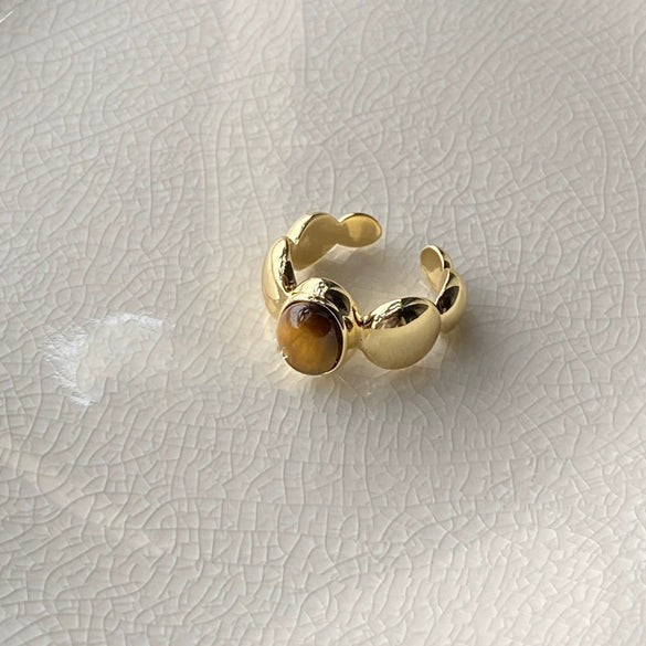 Wholesale Finger Ring Artificial Tiger's Eye Copper Geometric French Retro Electroplating Women's Jewelry