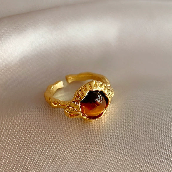 Wholesale Finger Ring Artificial Tiger's Eye Copper Geometric French Retro Electroplating Women's Jewelry