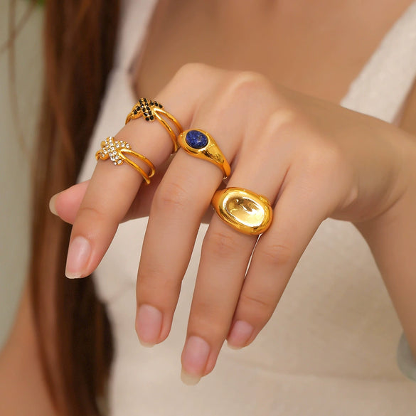 Wholesale Finger Ring 316L Stainless Steel Geometric Blue Turquoise Goldplated Diamond Design