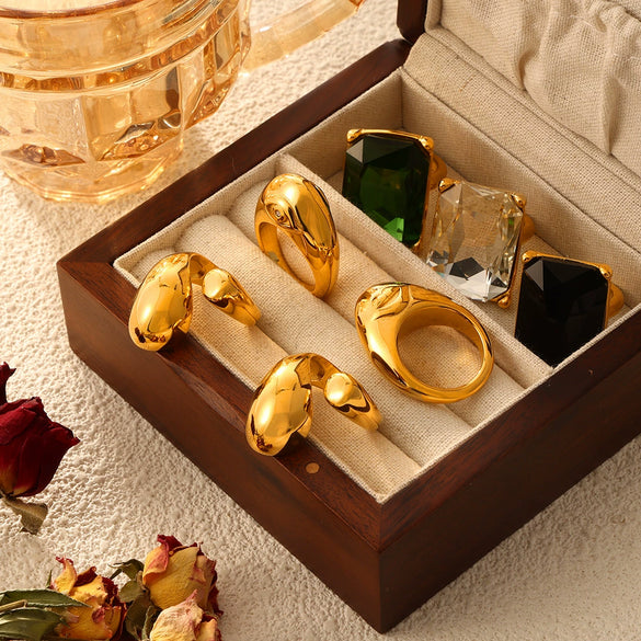 Wholesale Finger Ring 316L Stainless Steel Inlaid Zircon Geometric Light Luxury Style Plated 18K Real Gold Jewelry
