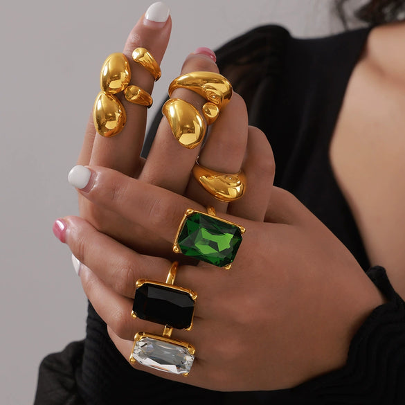 Wholesale Finger Ring 316L Stainless Steel Inlaid Zircon Geometric Light Luxury Style Plated 18K Real Gold Jewelry