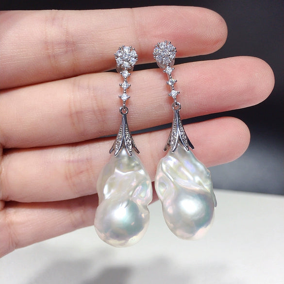 Wholesale Fishtail Baroque Natural Freshwater Pearl Earrings For Women Alloy Inlaid With Gemstones