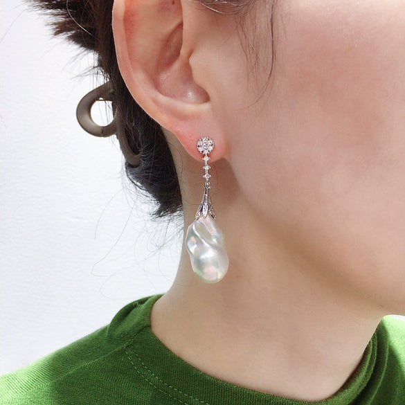 Wholesale Fishtail Baroque Natural Freshwater Pearl Earrings For Women Alloy Inlaid With Gemstones