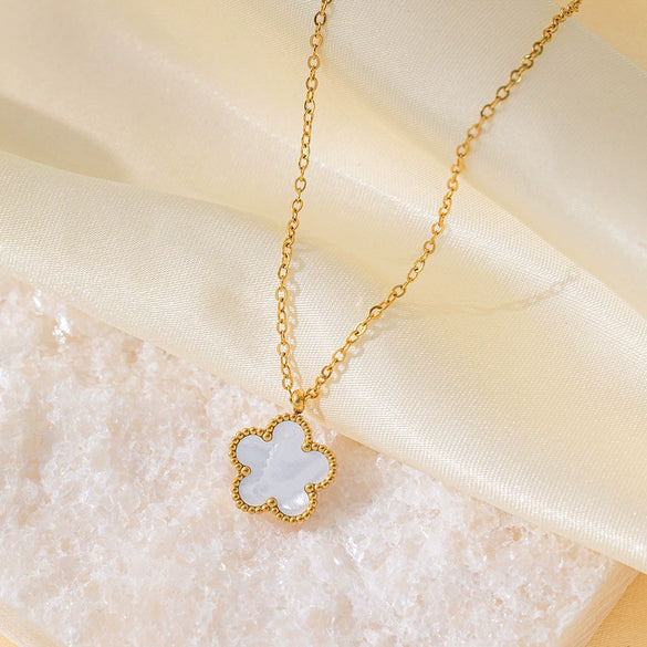 Wholesale Fiveleaf Clover And Flower Design Doublesided Motherofpearl Pendant Titanium Steel Electroplated Clavicle Necklace For Women