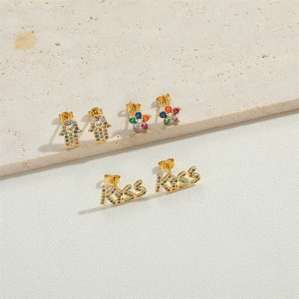 Wholesale Flower Design Copper 14K Gold Plated Zircon Earrings For Women