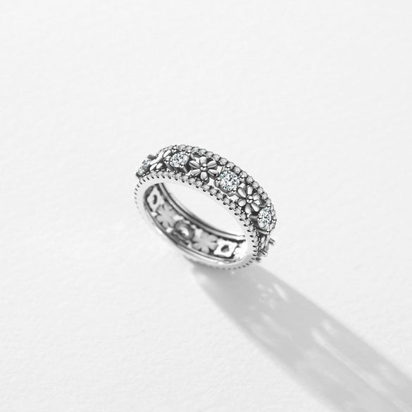 Wholesale Flower Patterned S925 Sterling Silver Inlaid Zircon Women's Retro Ring