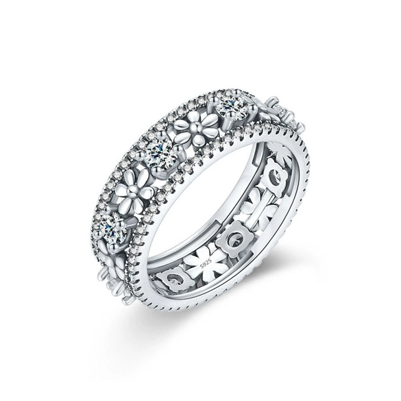 Wholesale Flower Patterned S925 Sterling Silver Inlaid Zircon Women's Retro Ring