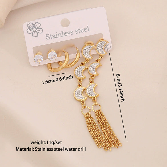 Wholesale Flower Tassel Earrings With Water Droplets And Moon Design Stainless Steel Electroplated For Women