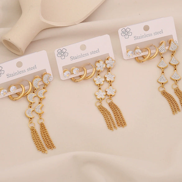 Wholesale Flower Tassel Earrings With Water Droplets And Moon Design Stainless Steel Electroplated For Women