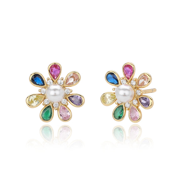 Wholesale Flowershaped S925 Sterling Silver Earrings With Colored Stones And Pearls For Women