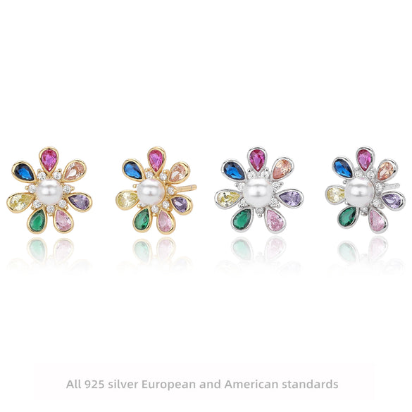 Wholesale Flowershaped S925 Sterling Silver Earrings With Colored Stones And Pearls For Women
