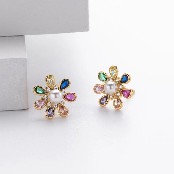 Wholesale Flowershaped S925 Sterling Silver Earrings With Colored Stones And Pearls For Women