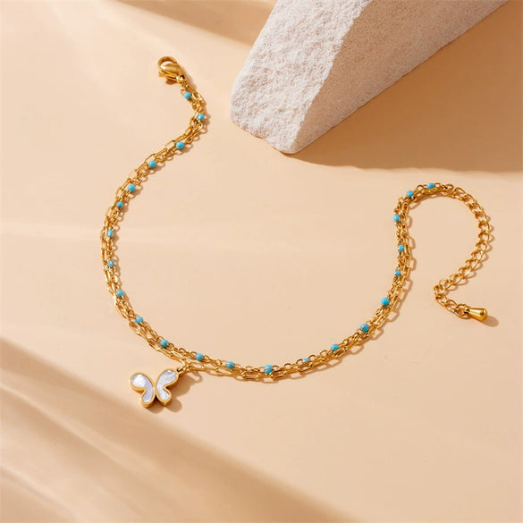 Wholesale Foot Chain Stainless Steel Gold Plated Butterfly Flower Pendant Retro Fashion Style