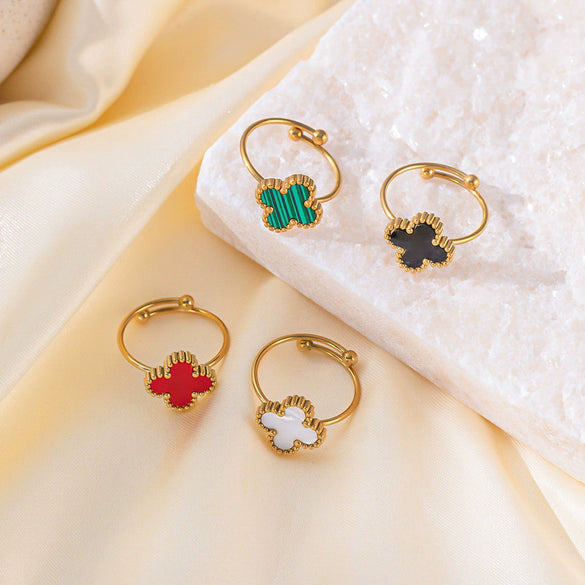 Wholesale Fourleaf Clover Adjustable Open Ring For Women Titanium Steel 18K Gold Electroplated Geometric Design