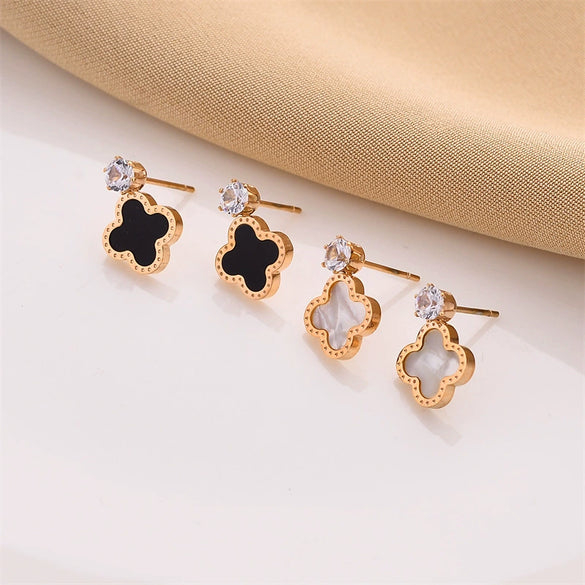 Wholesale Fourleaf Clover Diamond Earrings In Rose Gold Light Luxury Style Nonfading Titanium Steel Electroplated