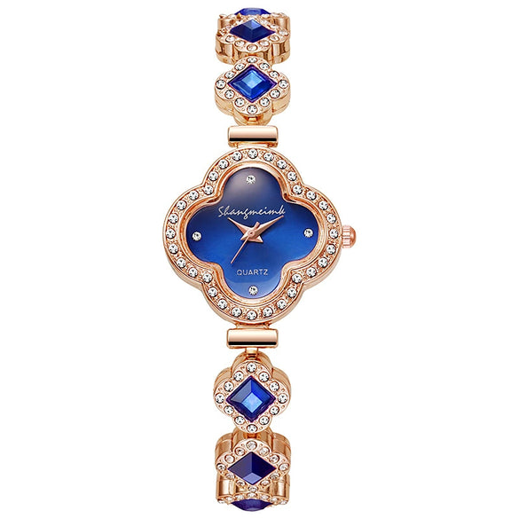 Wholesale Fourleaf Clover Flower Shape Alloy Rhinestone Emerald Bracelet Watch For Women With Sapphire Crystal Glass Mirror And Stainless Steel Buckle