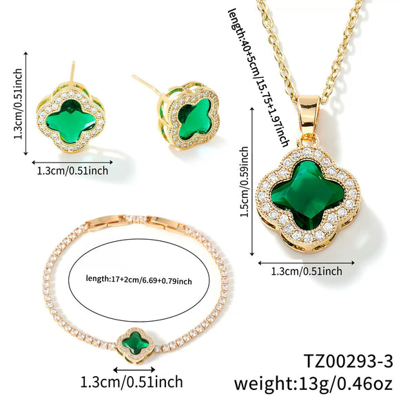 Wholesale Fourleaf Clover Pendant Multicolor Sweet Fashion Copper Jewelry Set With Inlaid Zircon Electroplated Earrings Bracelet And Necklace