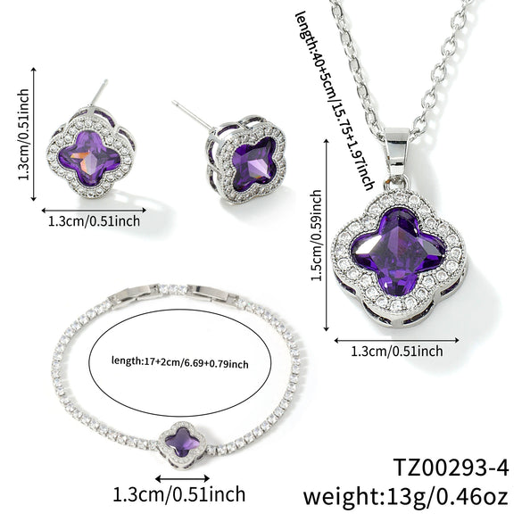 Wholesale Fourleaf Clover Pendant Multicolor Sweet Fashion Copper Jewelry Set With Inlaid Zircon Electroplated Earrings Bracelet And Necklace