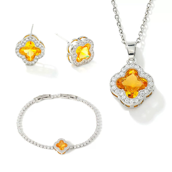 Wholesale Fourleaf Clover Pendant Multicolor Sweet Fashion Copper Jewelry Set With Inlaid Zircon Electroplated Earrings Bracelet And Necklace