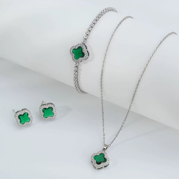 Wholesale Fourleaf Clover Pendant Multicolor Sweet Fashion Copper Jewelry Set With Inlaid Zircon Electroplated Earrings Bracelet And Necklace