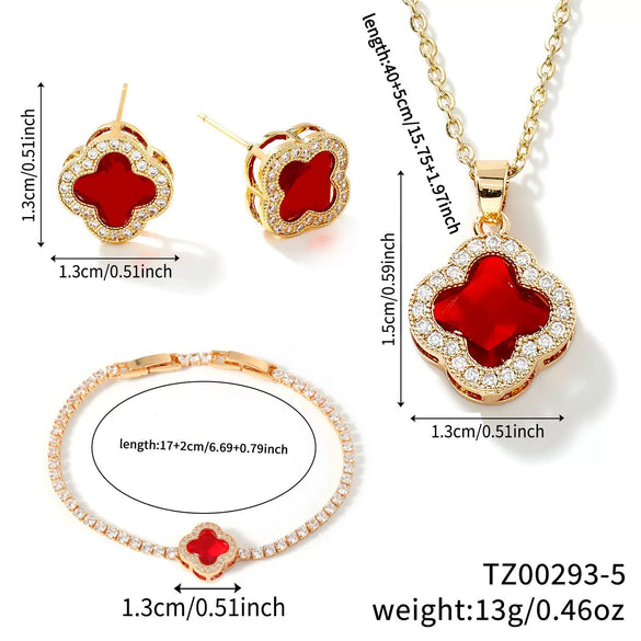 Wholesale Fourleaf Clover Pendant Multicolor Sweet Fashion Copper Jewelry Set With Inlaid Zircon Electroplated Earrings Bracelet And Necklace