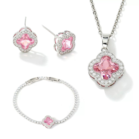 Wholesale Fourleaf Clover Pendant Multicolor Sweet Fashion Copper Jewelry Set With Inlaid Zircon Electroplated Earrings Bracelet And Necklace