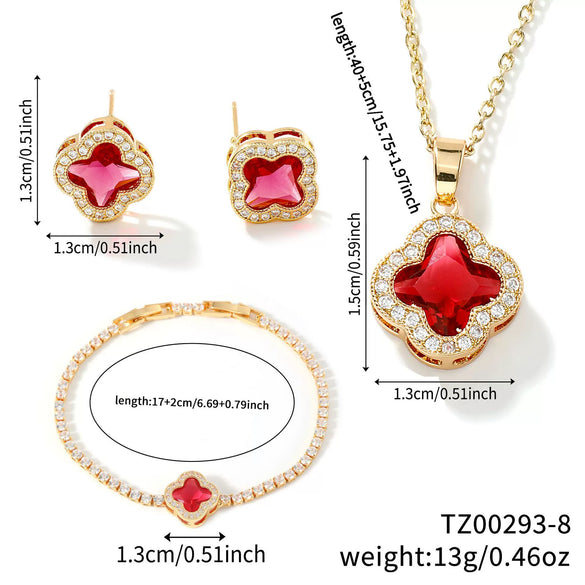 Wholesale Fourleaf Clover Pendant Multicolor Sweet Fashion Copper Jewelry Set With Inlaid Zircon Electroplated Earrings Bracelet And Necklace
