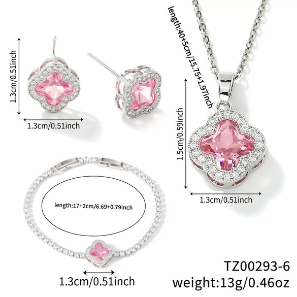 Wholesale Fourleaf Clover Pendant Multicolor Sweet Fashion Copper Jewelry Set With Inlaid Zircon Electroplated Earrings Bracelet And Necklace