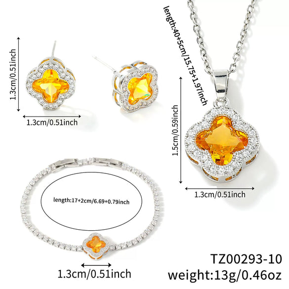 Wholesale Fourleaf Clover Pendant Multicolor Sweet Fashion Copper Jewelry Set With Inlaid Zircon Electroplated Earrings Bracelet And Necklace