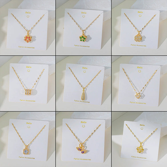 Wholesale Fourleaf Clover Pendant Necklace Copper Pendant Titanium Steel Chain Electroplated Simple Style With Heart Flower Star And Geometric Patterns