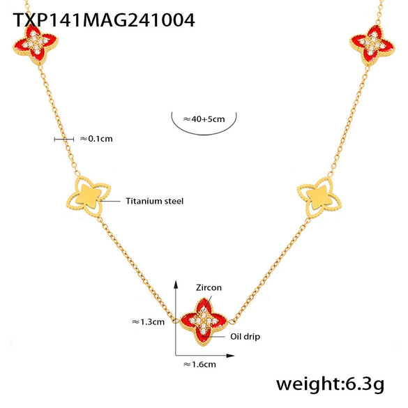 Wholesale Fourleaf Flower Dripping Oil Zircon Full Diamond Titanium Steel Bracelet Necklace For Girls With Electroplating Design