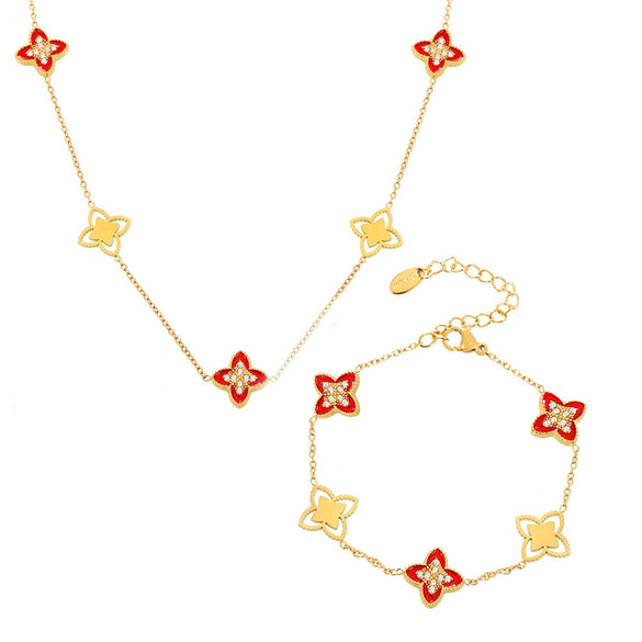 Wholesale Fourleaf Flower Dripping Oil Zircon Full Diamond Titanium Steel Bracelet Necklace For Girls With Electroplating Design