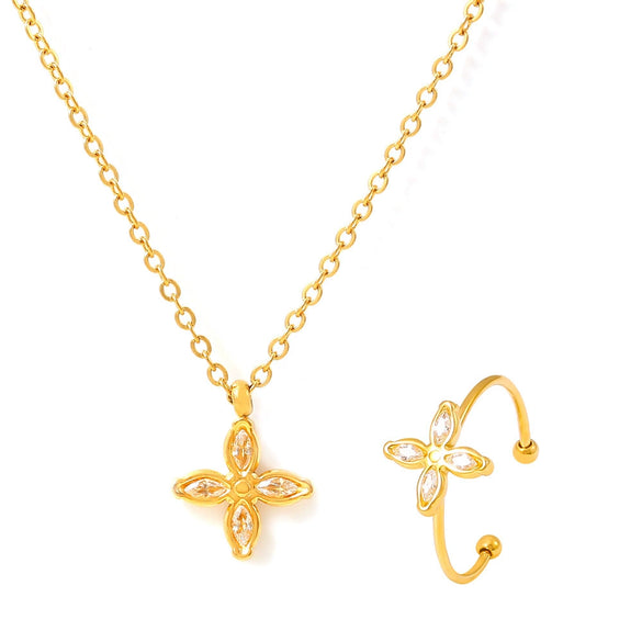 Wholesale Fourpetal Flower Zircon Pendant Collarbone Necklace And Open Ring For Women Titanium Steel 18K Gold Plated Electroplated