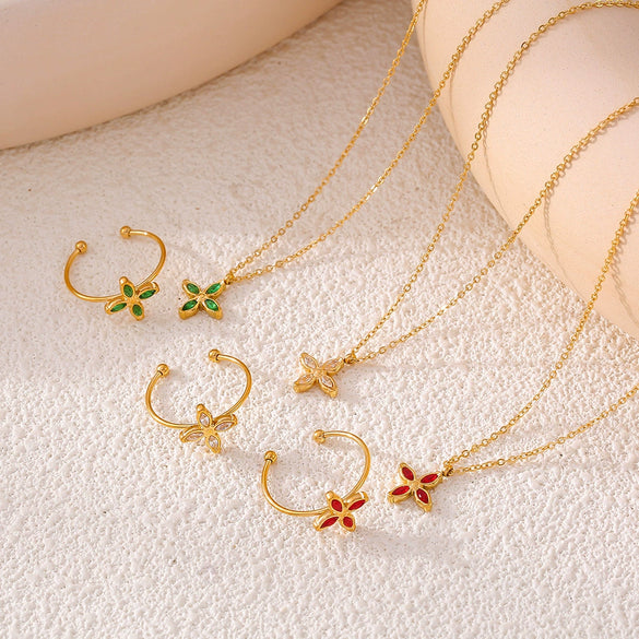 Wholesale Fourpetal Flower Zircon Pendant Collarbone Necklace And Open Ring For Women Titanium Steel 18K Gold Plated Electroplated