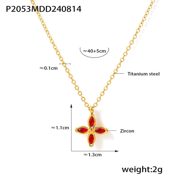 Wholesale Fourpetal Flower Zircon Pendant Collarbone Necklace And Open Ring For Women Titanium Steel 18K Gold Plated Electroplated
