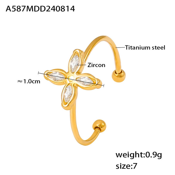 Wholesale Fourpetal Flower Zircon Pendant Collarbone Necklace And Open Ring For Women Titanium Steel 18K Gold Plated Electroplated