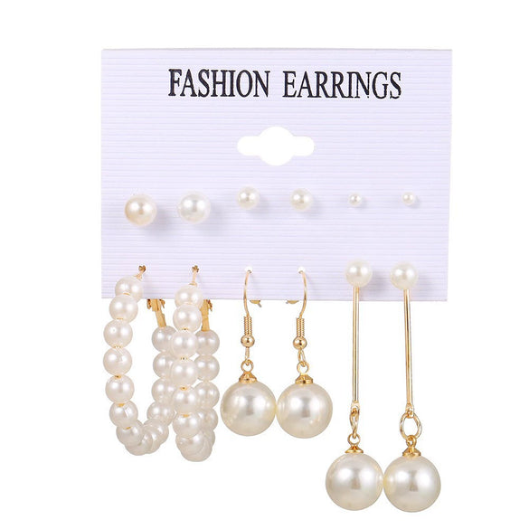 Wholesale French Retro Artificial Pearl Love Earrings Set Six Pairs Geometric Style Electroplated