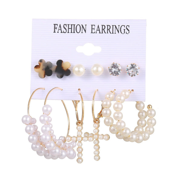Wholesale French Retro Artificial Pearl Love Earrings Set Six Pairs Geometric Style Electroplated