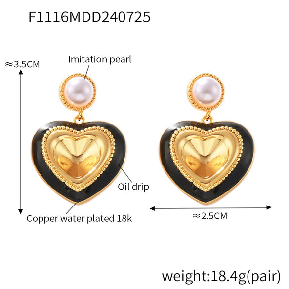 Wholesale French Retro Earrings With Imitation Pearl And Heart Shaped Three Dimensional Glass Stone Copper Material Electroplating Design
