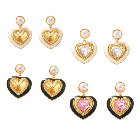 Wholesale French Retro Earrings With Imitation Pearl And Heart Shaped Three Dimensional Glass Stone Copper Material Electroplating Design