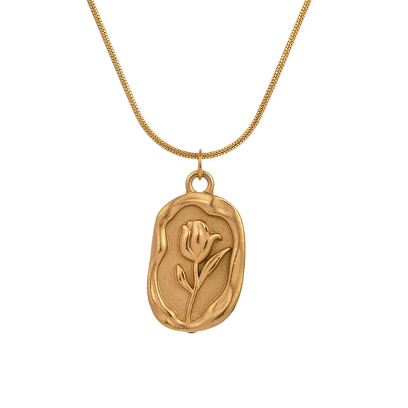 Wholesale French Retro Embossed Tulip K Goldplated Titanium Steel Pendant Necklace For Women