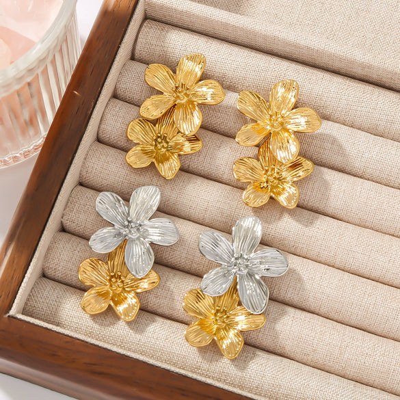 Wholesale French Retro Flower Suit Tassel Earrings In Stainless Steel With 18K Gold Plated Electroplating And Geometric Flower Design